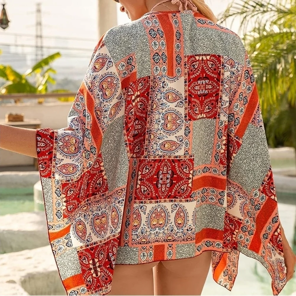 Women's Bohemian Print Short Beach Swim Cover-Up Kimono Top, Red Orange Green